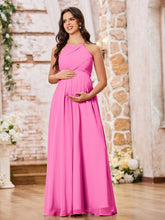 Stunning A-line Halter Empire Floor Length Chiffon Bridesmaid Gowns Azalea