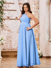 Stunning A-line Halter Empire Floor Length Chiffon Bridesmaid Gowns Blue