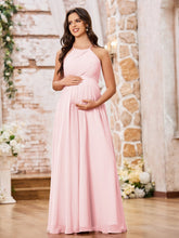 Stunning A-line Halter Empire Floor Length Chiffon Bridesmaid Gowns Blushing Pink