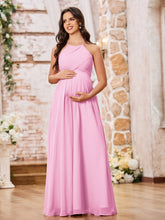 Stunning A-line Halter Empire Floor Length Chiffon Bridesmaid Gowns Candy Pink