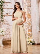 Stunning A-line Halter Empire Floor Length Chiffon Bridesmaid Gowns Champagne