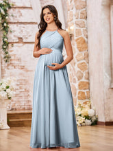 Stunning A-line Halter Empire Floor Length Chiffon Bridesmaid Gowns Dusty Blue