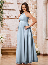Stunning A-line Halter Empire Floor Length Chiffon Bridesmaid Gowns Dusty Blue