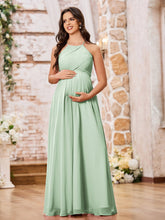 Stunning A-line Halter Empire Floor Length Chiffon Bridesmaid Gowns Dusty Sage