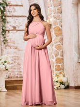 Stunning A-line Halter Empire Floor Length Chiffon Bridesmaid Gowns Flamingo