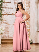 Stunning A-line Halter Empire Floor Length Chiffon Bridesmaid Gowns Flamingo