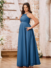Stunning A-line Halter Empire Floor Length Chiffon Bridesmaid Gowns Ink Blue