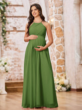 Stunning A-line Halter Empire Floor Length Chiffon Bridesmaid Gowns Moss