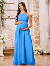 Stunning A-line Halter Empire Floor Length Chiffon Bridesmaid Gowns Ocean Blue