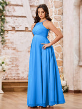 Stunning A-line Halter Empire Floor Length Chiffon Bridesmaid Gowns Ocean Blue