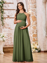 Stunning A-line Halter Empire Floor Length Chiffon Bridesmaid Gowns Olive Green