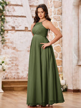 Stunning A-line Halter Empire Floor Length Chiffon Bridesmaid Gowns Olive Green