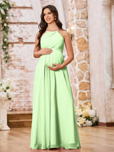 Stunning A-line Halter Empire Floor Length Chiffon Bridesmaid Gowns Sage
