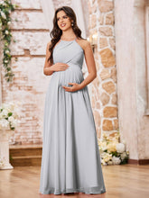 Stunning A-line Halter Empire Floor Length Chiffon Bridesmaid Gowns Silver