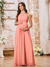 Stunning A-line Halter Empire Floor Length Chiffon Bridesmaid Gowns Sunset