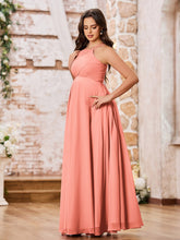 Stunning A-line Halter Empire Floor Length Chiffon Bridesmaid Gowns Sunset