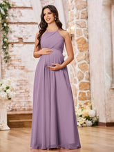 Stunning A-line Halter Empire Floor Length Chiffon Bridesmaid Gowns Wisteria