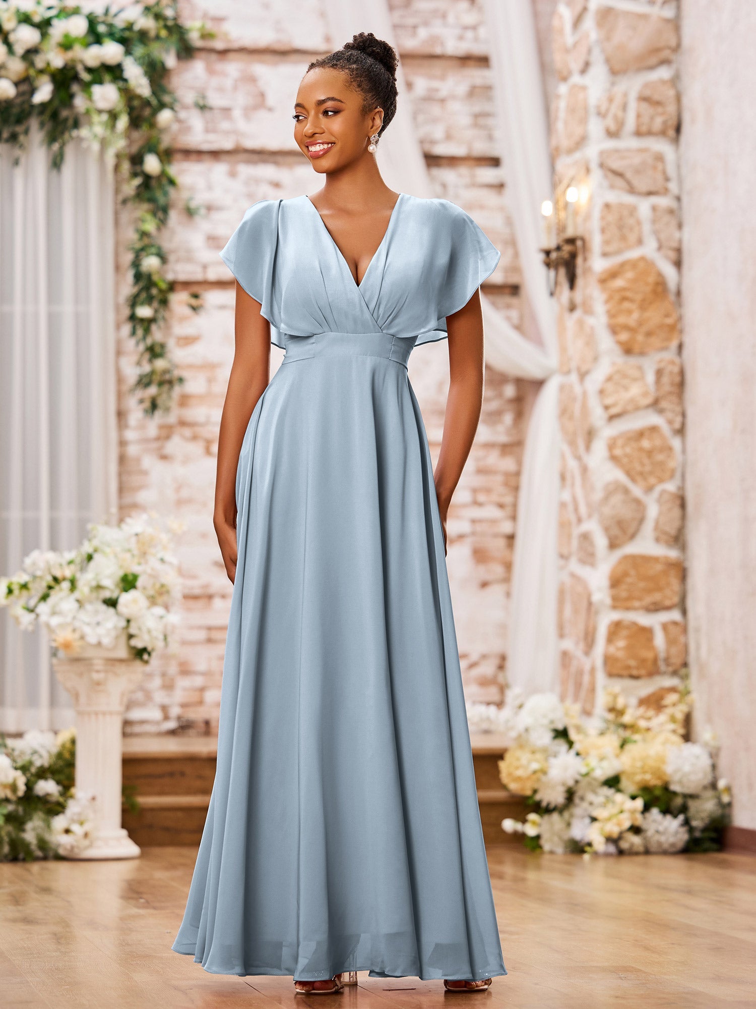 BABARONI Chiffon Dusty Blue Bridesmaid Dresses A-line V-neck Floor