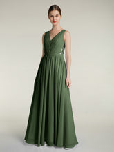 Lace and Chiffon Full Length Dress with V-neck Olive Green