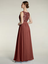 Lace and Chiffon Full Length Dress with V-neck Terracotta