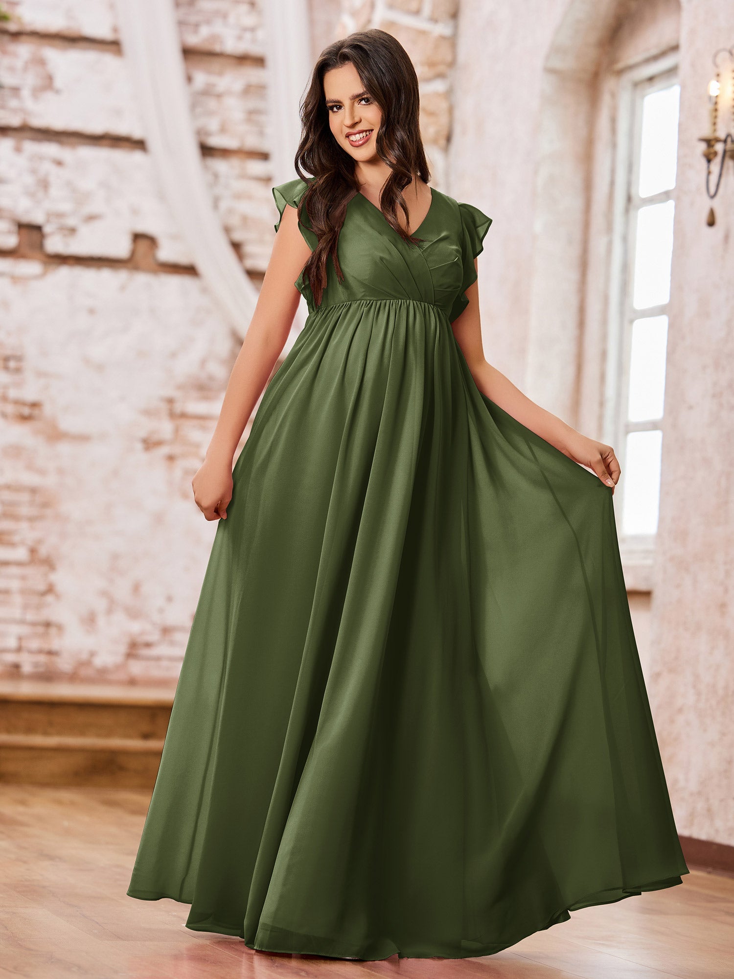 Scoop Flutter Sleeves Chiffon A-line Maxi Dresses with Slit Green
