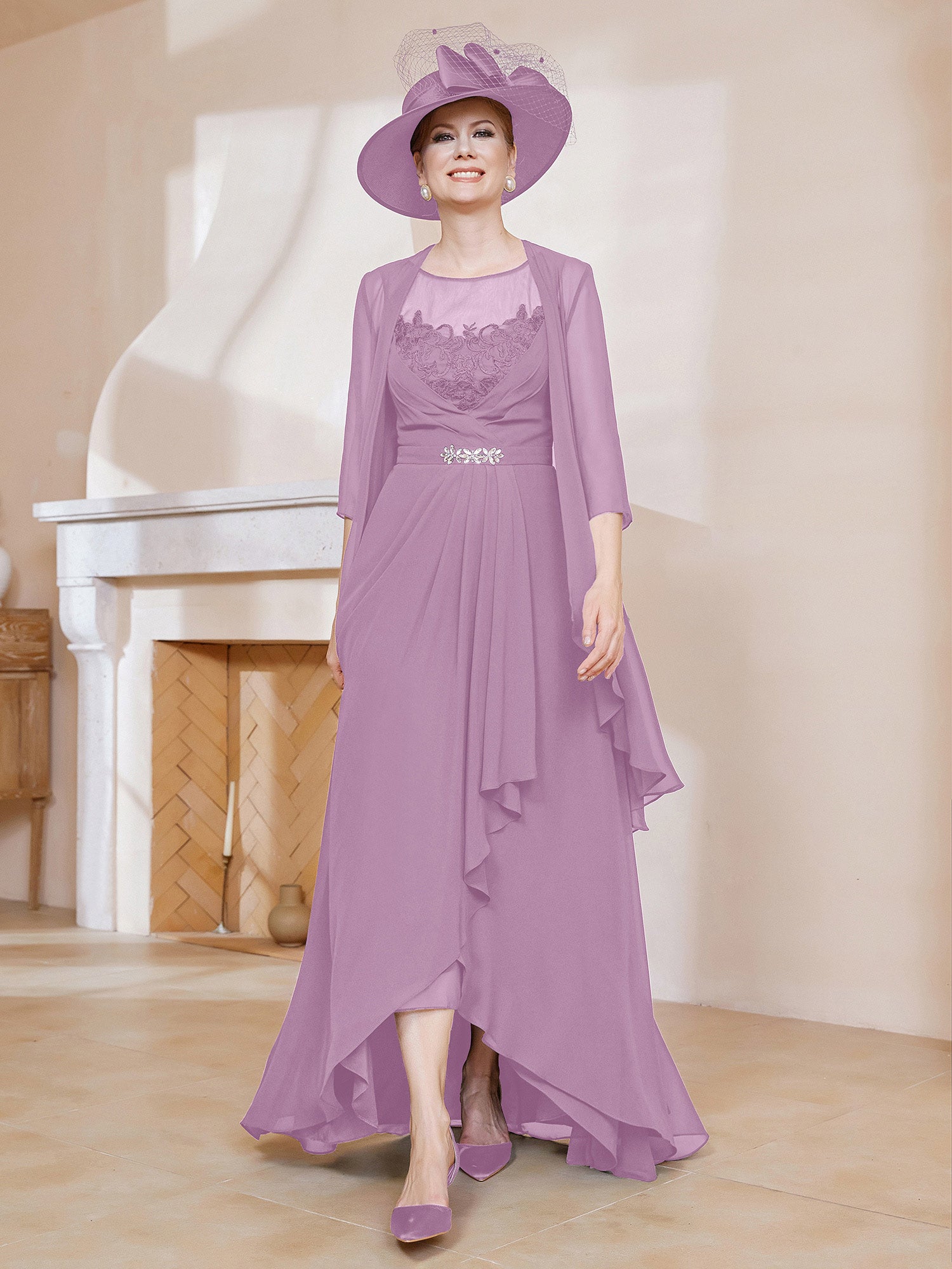 Illusion Neckline Chiffon Dress With Jacket Daffodil Plus Size main image 1