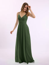 Spaghetti Strap Chiffon Gowns with Pockets and V Neck Olive Green