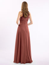Long Chiffon Dress with Deep V Neck Decor with Lace Terracotta