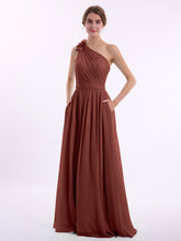 One Shoulder Flower Attached Chiffon Gown with Pockets Terracotta