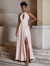 Simple Chiffon Halter Dress for Bridesmaid with Slit Pearl Pink