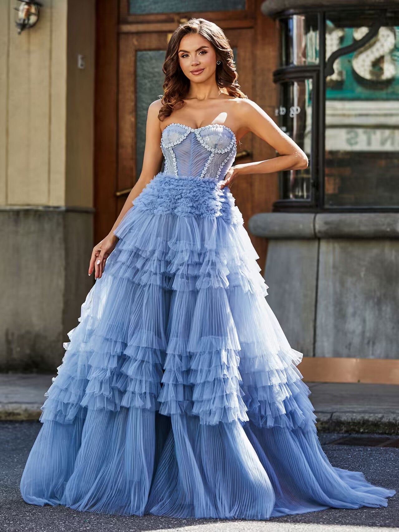 Dusty blue shop tulle wedding dress