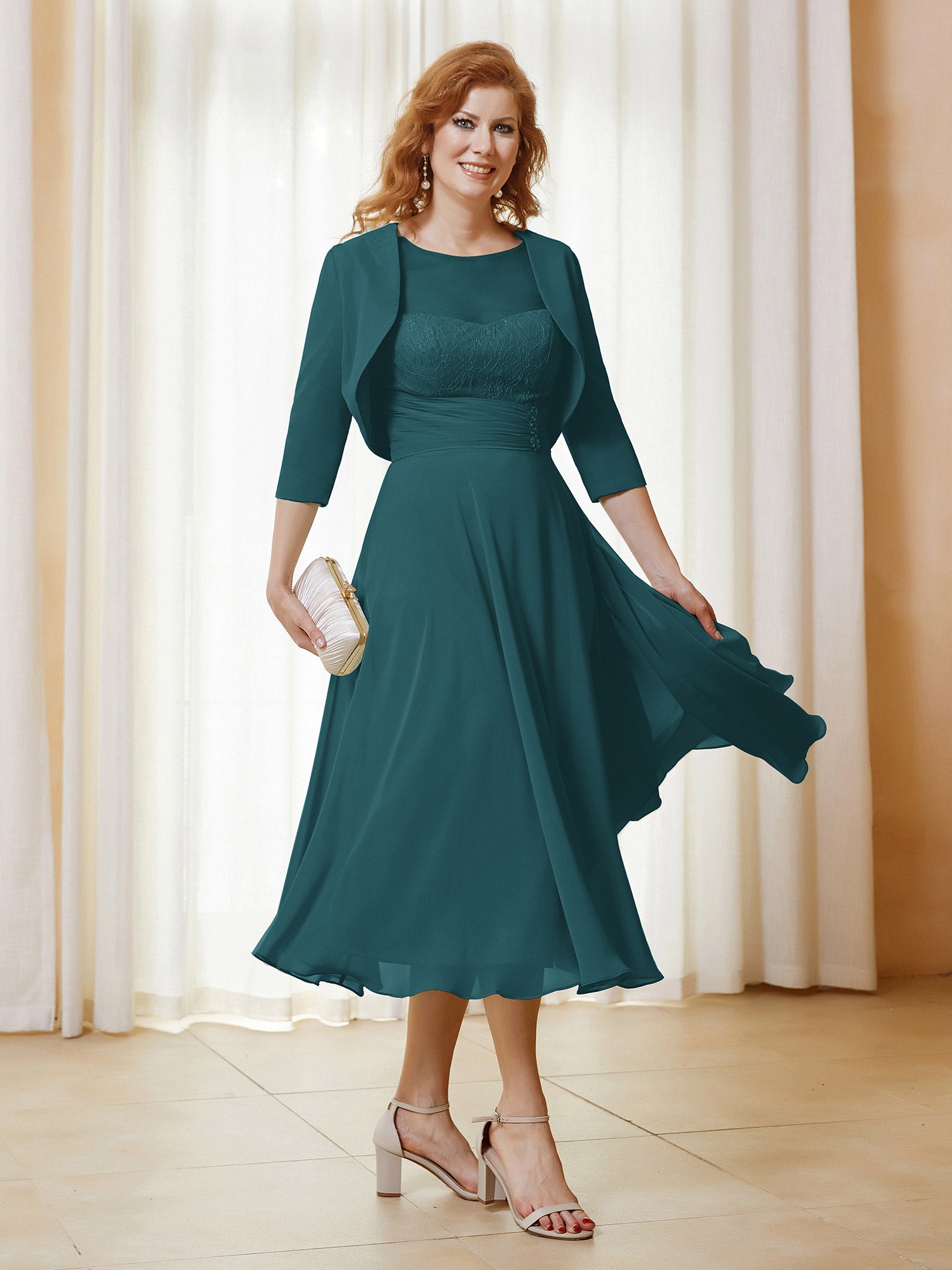 A-Line Jewel Neckline Tulle Dress Peacock
