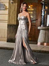 Strapless Sweetheart Pleated A-Line Maxi Dress with High Slit Silver