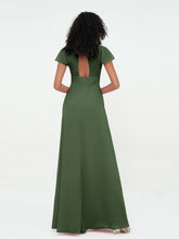 Illusion Neck Chiffon Dresses with Cap Sleeves Olive Green
