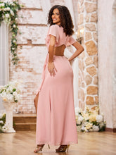 Charming V-neck Cap Sleeves Open Back Maxi Dresses with Slit Dusty Rose