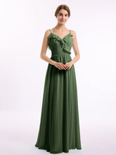 V-neck Chiffon Bridesmaid Gowns with Spaghetti Straps Olive Green