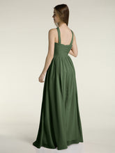Full Skit Chiffon Bridesmaid Dress with Y Neck Olive Green