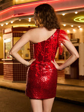 One Shoulder Sheath Sequin Dress with Appliques Burgundy