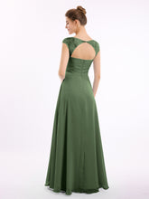Long Chiffon Bridesmaid Gown with Lace Cap Sleeves Olive Green