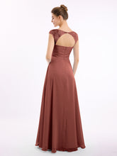 Long Chiffon Bridesmaid Gown with Lace Cap Sleeves Terracotta