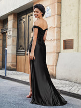 Off-the-shoulder Sweep Train Stretch Satin Prom Dresses Black