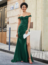 Off-the-shoulder Sweep Train Stretch Satin Prom Dresses Dark Green