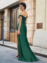 Off-the-shoulder Sweep Train Stretch Satin Prom Dresses Dark Green