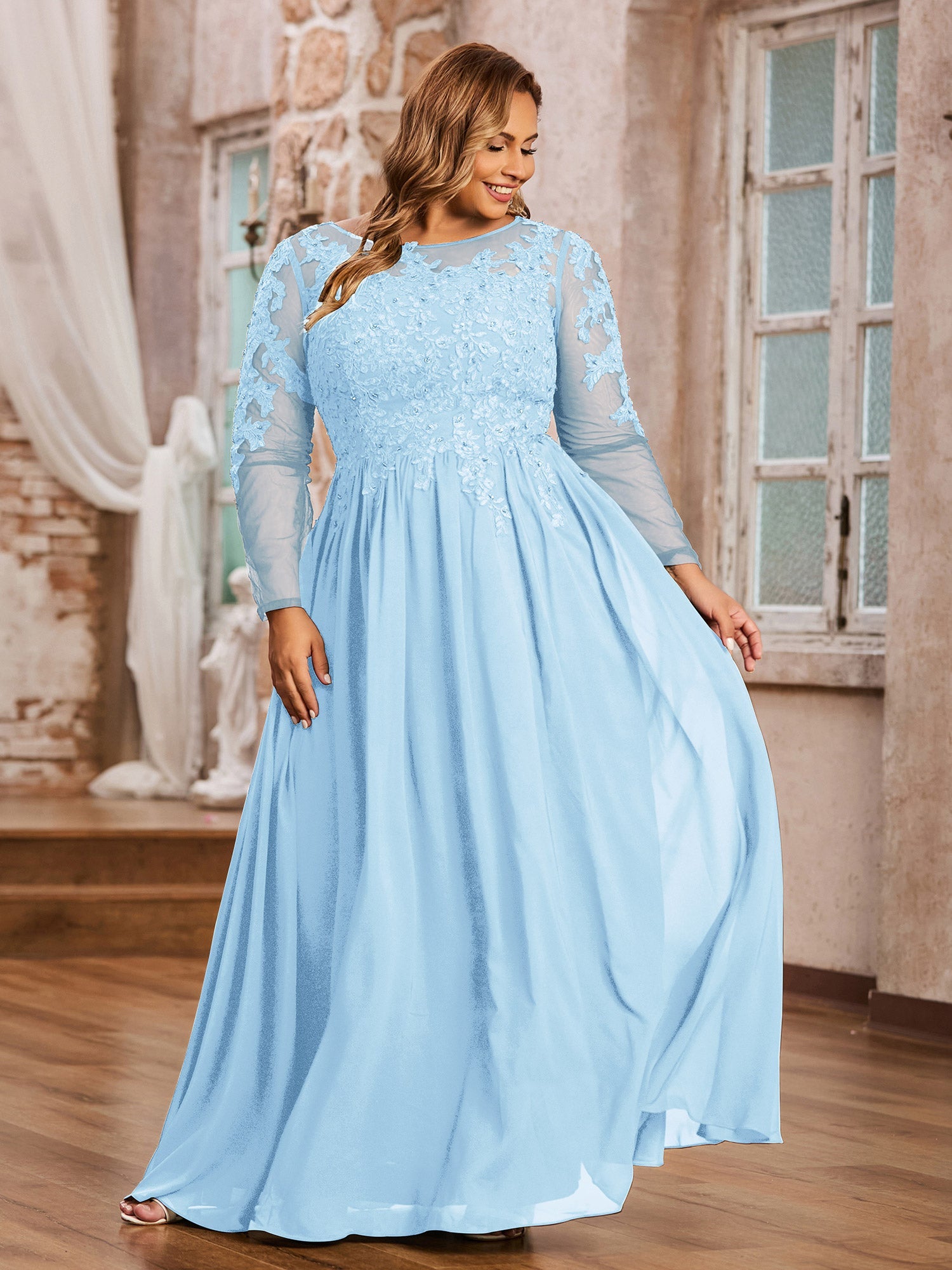 Long Sleeves Tulle Dresses with Appliqued Sky Blue BABARONI