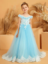 Off-the-shoulder Lace Top Tulle Dress with 3D Flower Sky Blue