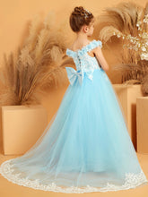 Off-the-shoulder Lace Top Tulle Dress with 3D Flower Sky Blue