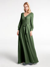 Bishop Sleeves Chiffon V-neck Dress with Bow Olive Green