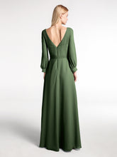 Bishop Sleeves Chiffon V-neck Dress with Bow Olive Green