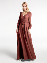 Bishop Sleeves Chiffon V-neck Dress with Bow Terracotta