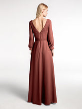 Bishop Sleeves Chiffon V-neck Dress with Bow Terracotta